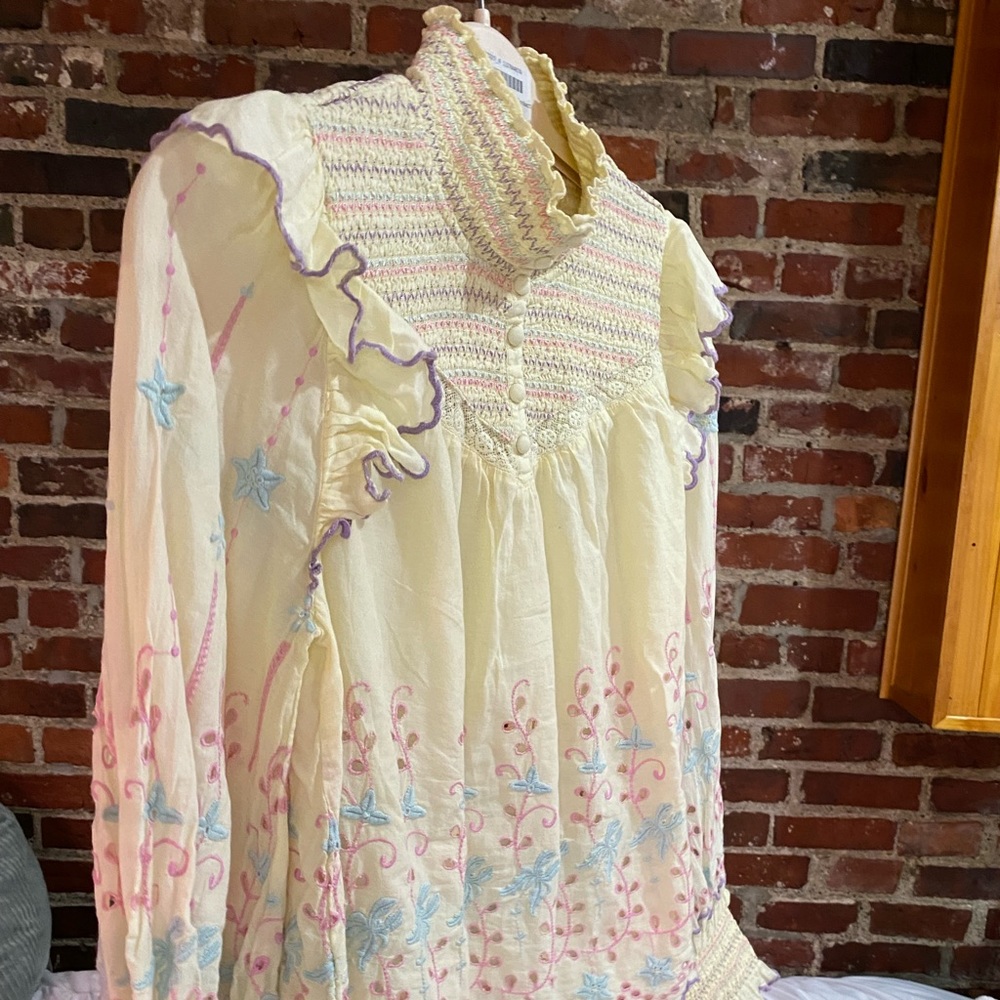 Loveshackfancy yellow pastel lace embroidered long sleeve blouse
